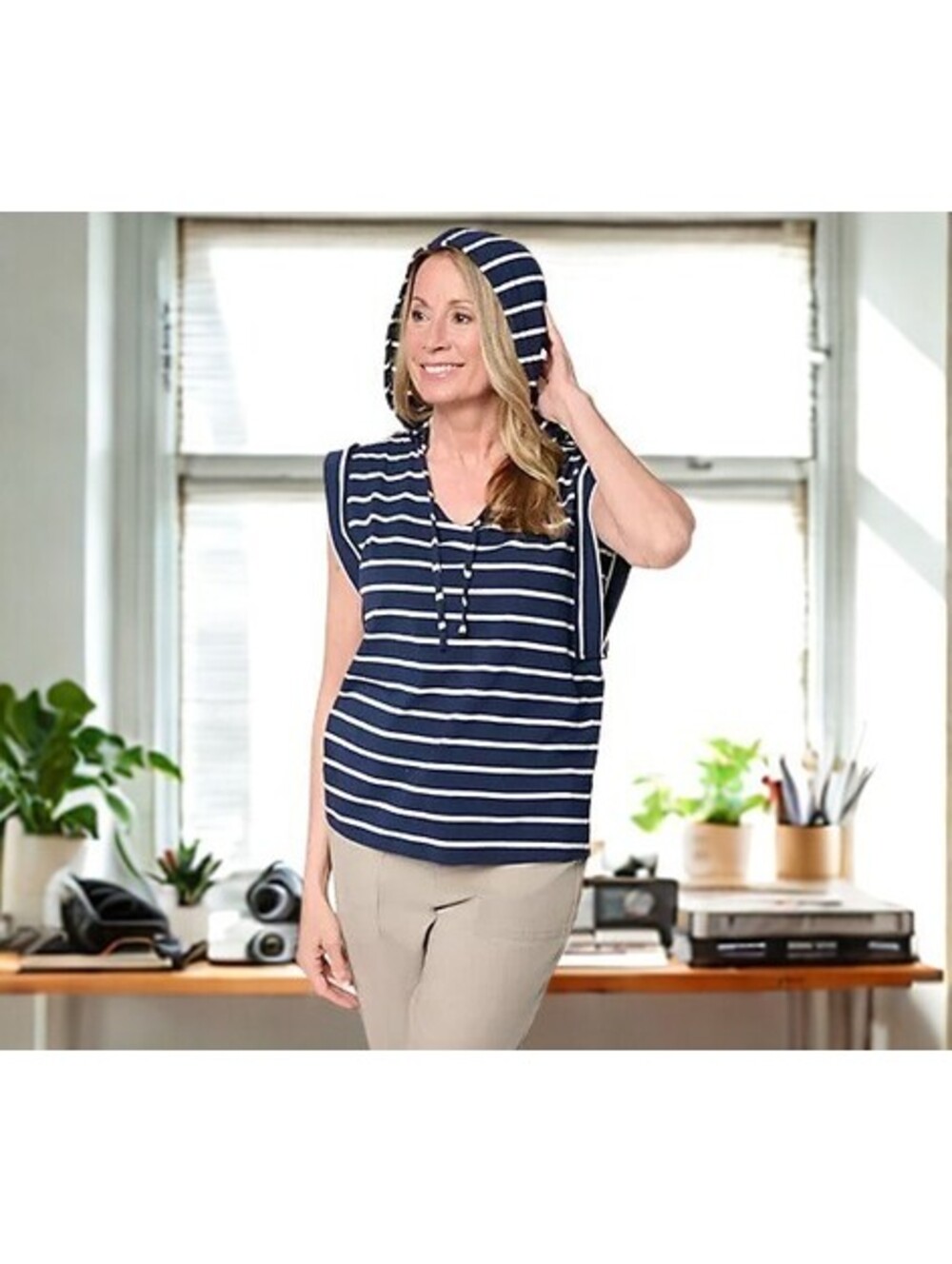Anybody Cozy Knit Jersey Yarn Dyed Sleeveless Hoodie NAVY Size S
